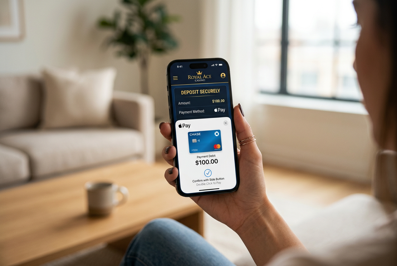 A person using an iPhone for Apple Pay casino deposits.