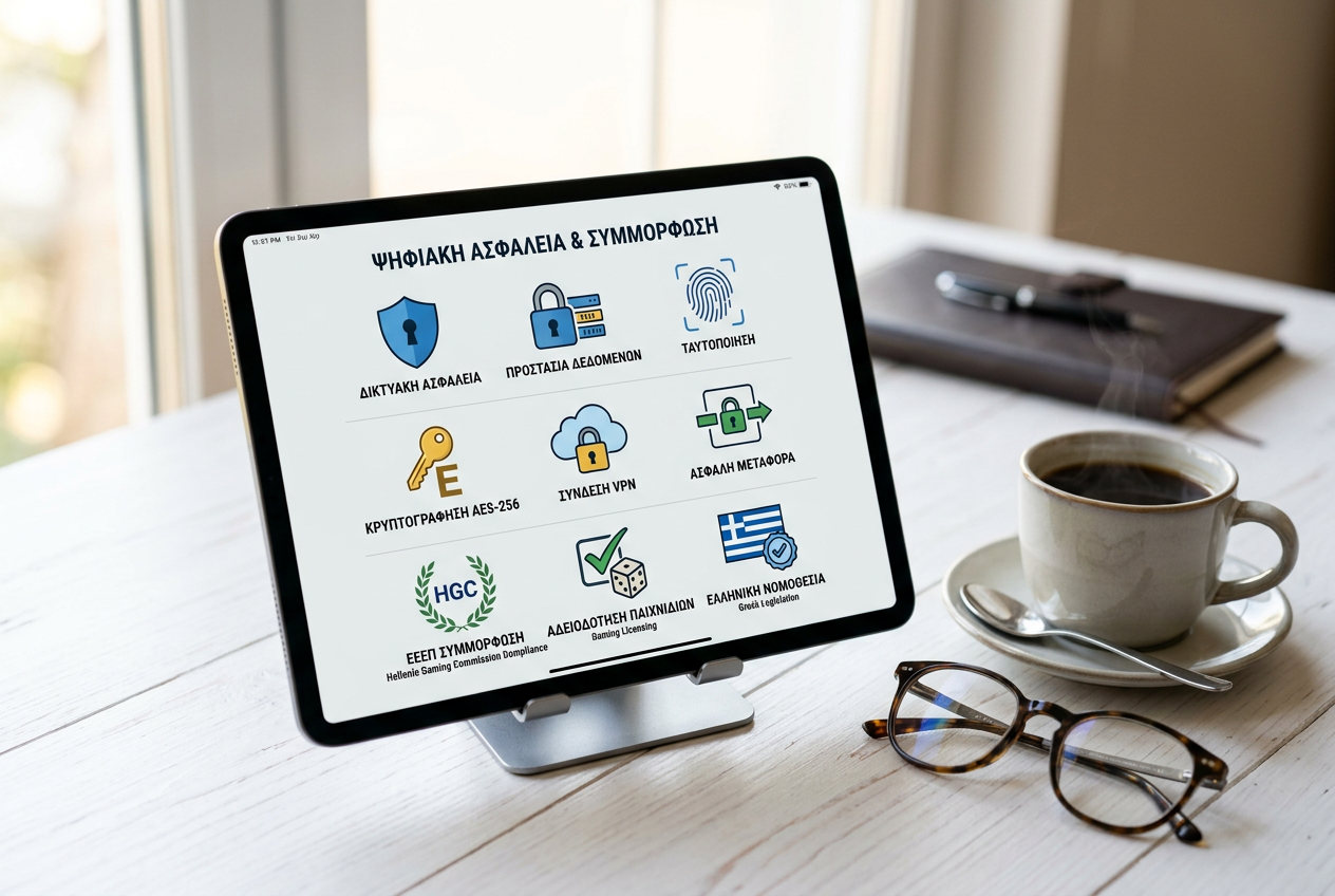 Security icons and a tablet showing legal compliance in online gaming.