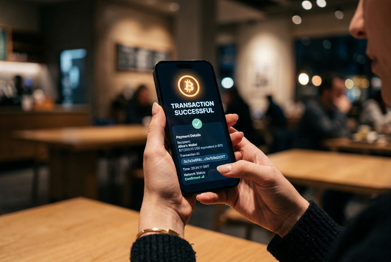 A smartphone showing a secure blockchain transaction confirmation.