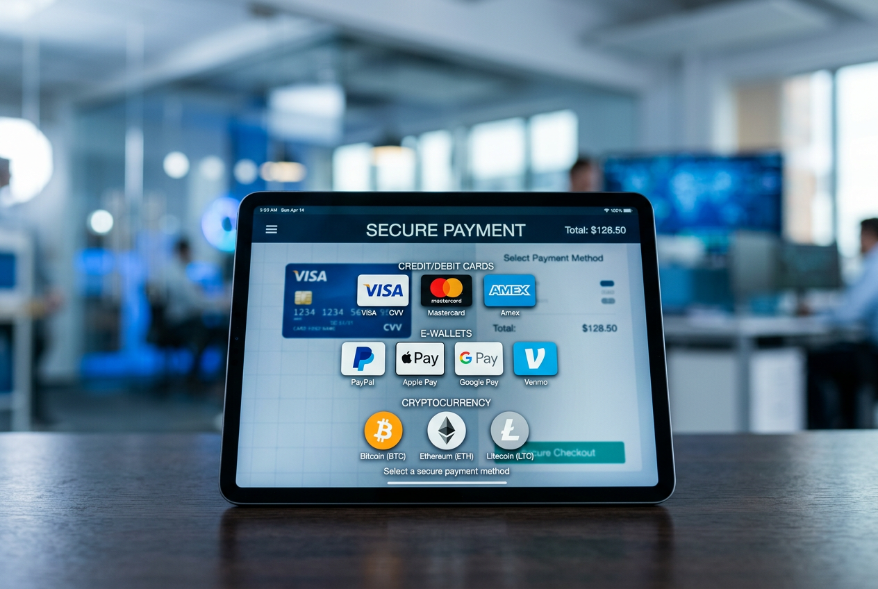 A digital visualization of secure payment icons including credit cards and cryptocurrency symbols on a tablet.