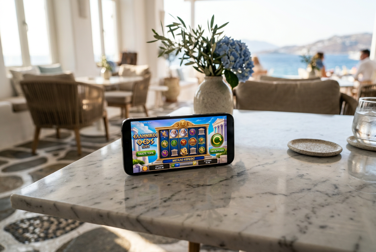 A high-end smartphone displaying a casino interface next to a coffee cup on a marble table.