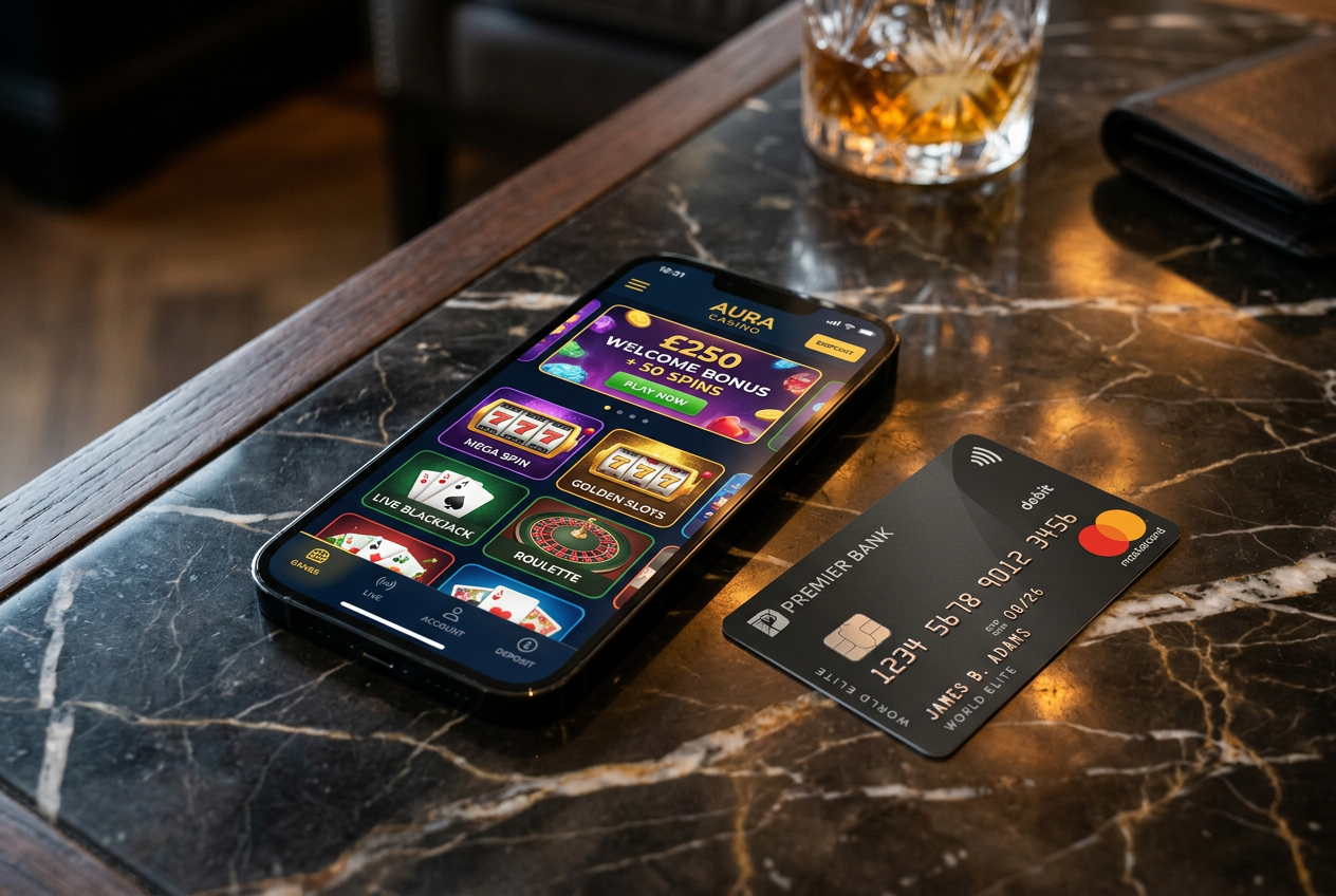 Ένα smartphone με εφαρμογή καζίνο δίπλα σε μια κάρτα Mastercard