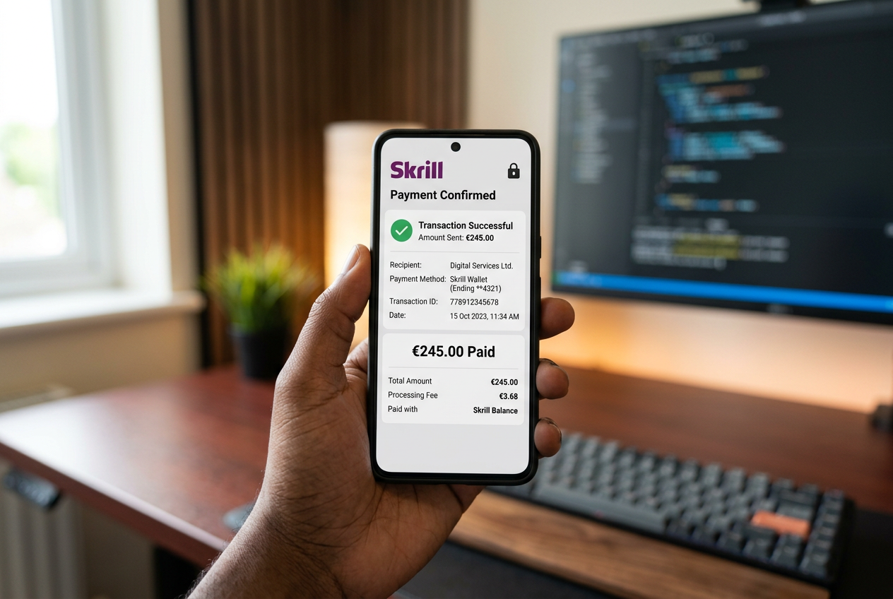 Skrill digital wallet logo on a mobile screen for online payments.