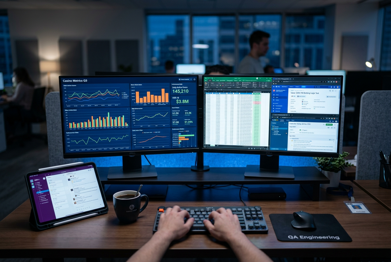 A professional workstation with dual monitors showing casino data analysis and testing tools