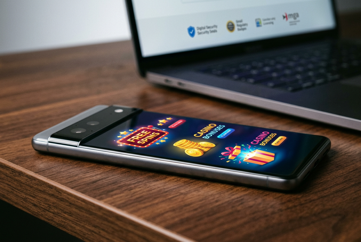 High-end smartphone displaying casino bonus icons and security symbols